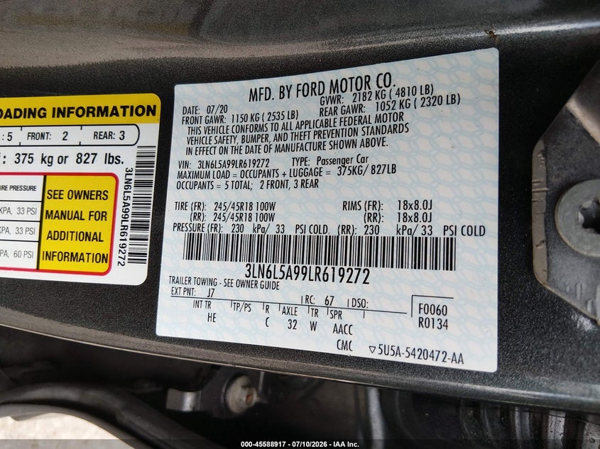 2020 Lincoln Mkz Standard VIN: 3LN6L5A99LR619272 Lot: 45588917