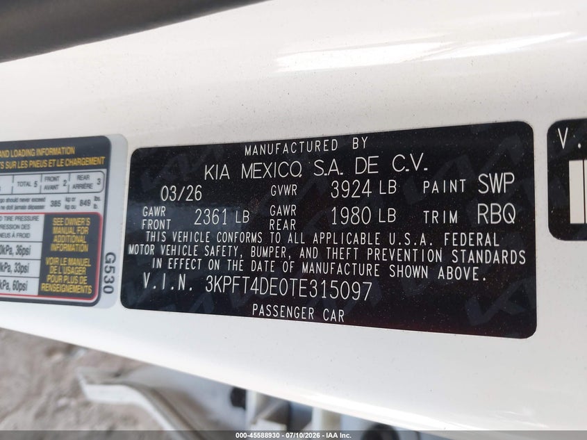 2026 Kia K4 Lx VIN: 3KPFT4DE0TE315097 Lot: 45588930