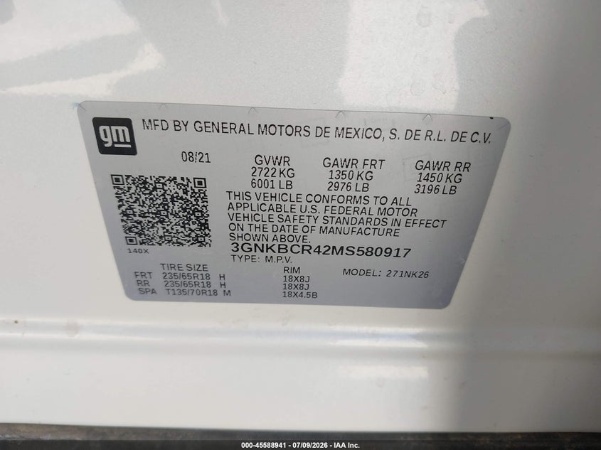 2021 Chevrolet Blazer Fwd 2Lt VIN: 3GNKBCR42MS580917 Lot: 45588941