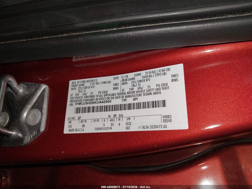 FORD ESCAPE 2019 VIN 1FMCU9HD6KUA42905