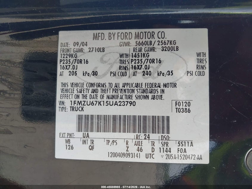 2005 Ford Explorer Sport Trac Adrenalin/Xls/Xlt VIN: 1FMZU67K15UA23790 Lot: 45588985