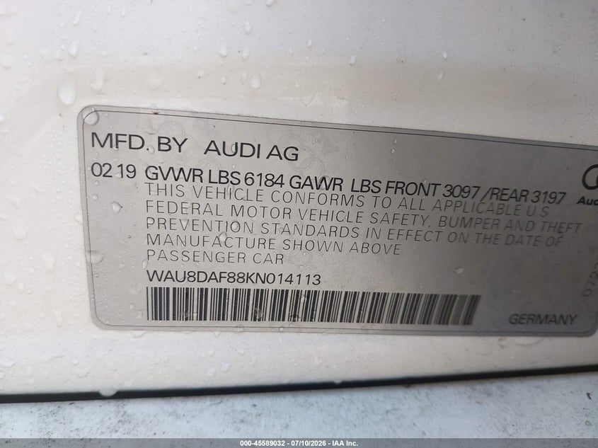 2019 Audi A8 L 55 VIN: WAU8DAF88KN014113 Lot: 45589032