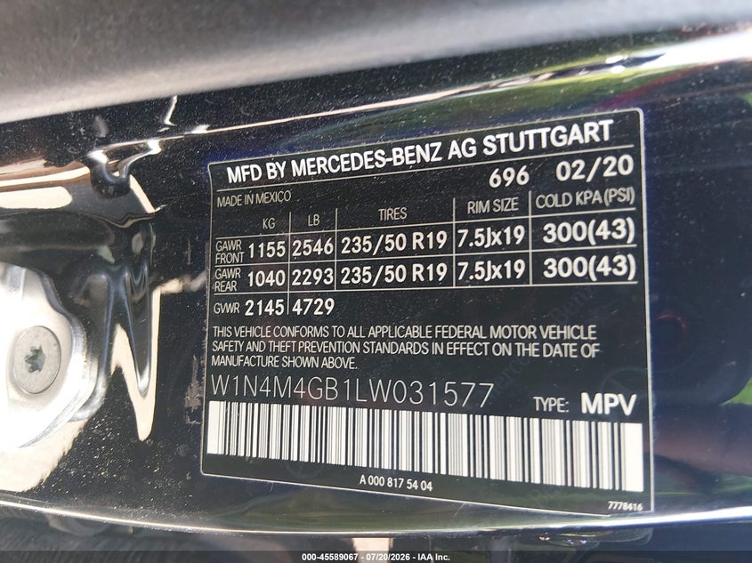 2020 Mercedes-Benz Glb 250 VIN: W1N4M4GB1LW031577 Lot: 45589067