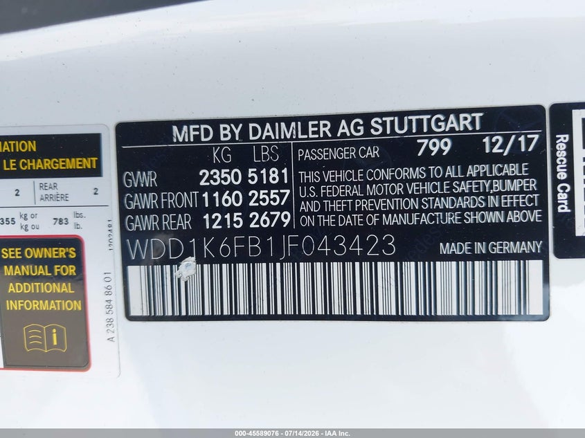 2018 Mercedes-Benz E 400 VIN: WDD1K6FB1JF043423 Lot: 45589076