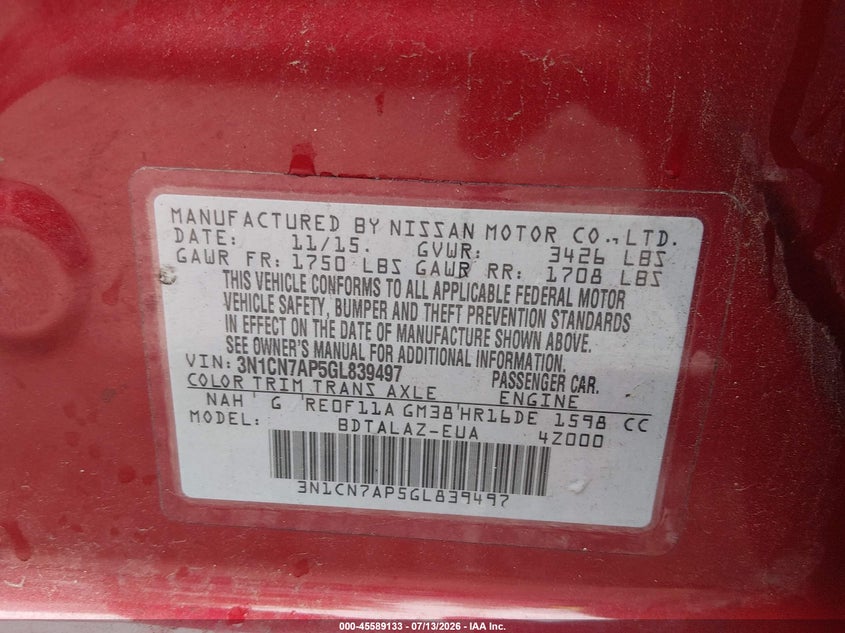 2016 Nissan Versa 1.6 S+ VIN: 3N1CN7AP5GL839497 Lot: 45589133