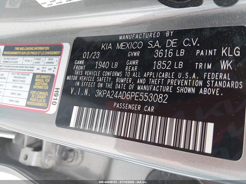 2023 Kia Rio S VIN: 3KPA24AD6PE553082 Lot: 45589151
