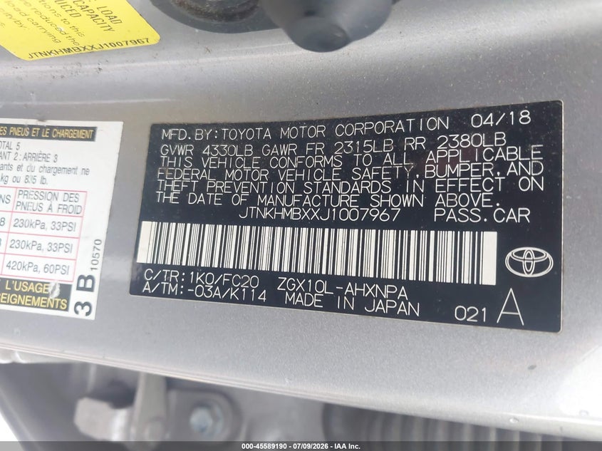 2018 Toyota C-Hr Xle VIN: JTNKHMBXXJ1007967 Lot: 45589190
