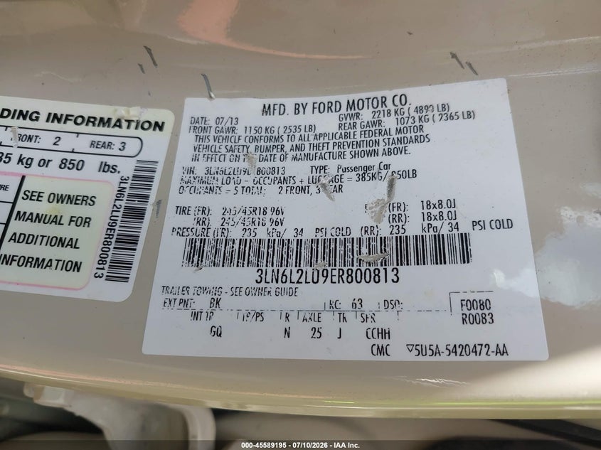 2014 Lincoln Mkz Hybrid VIN: 3LN6L2LU9ER800813 Lot: 45589195