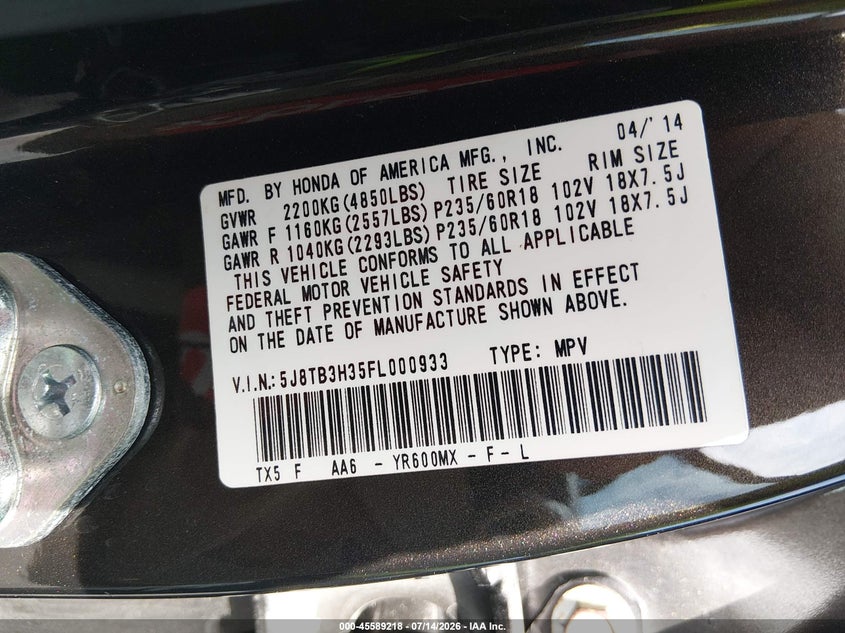 2015 Acura Rdx VIN: 5J8TB3H35FL000933 Lot: 45589218