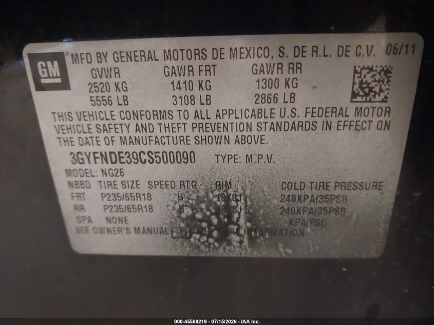 2012 Cadillac Srx Luxury Collection VIN: 3GYFNDE39CS500090 Lot: 45589219