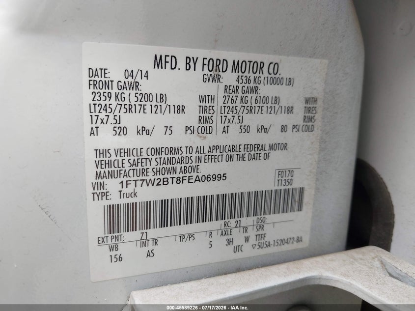 2015 Ford F-250 Xl VIN: 1FT7W2BT8FEA06995 Lot: 45589226