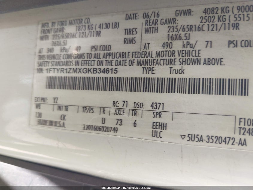 2016 Ford Transit-250 VIN: 1FTYR1ZMXGKB34615 Lot: 45589241