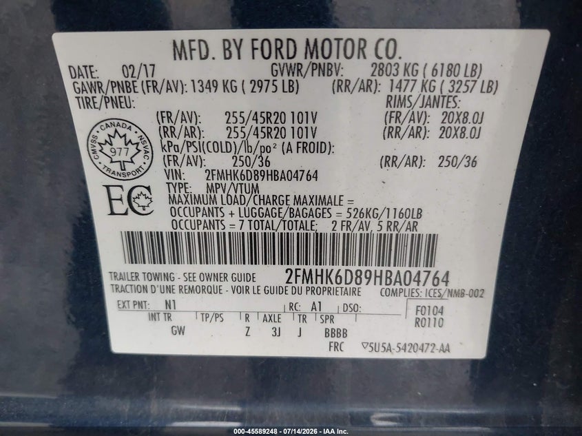 2017 Ford Flex Limited VIN: 2FMHK6D89HBA04764 Lot: 45589248