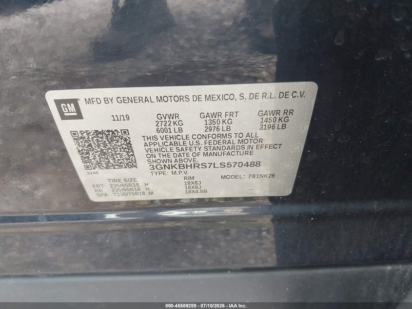 2020 Chevrolet Blazer Awd 2Lt VIN: 3GNKBHRS7LS570488 Lot: 45589259