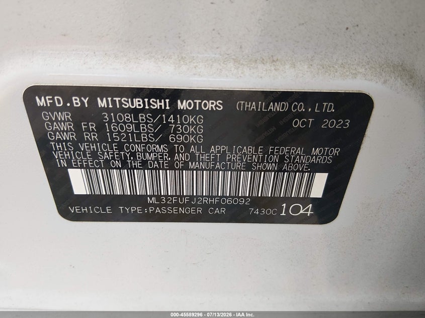 2024 Mitsubishi Mirage G4 Es VIN: ML32FUFJ2RHF06092 Lot: 45589296