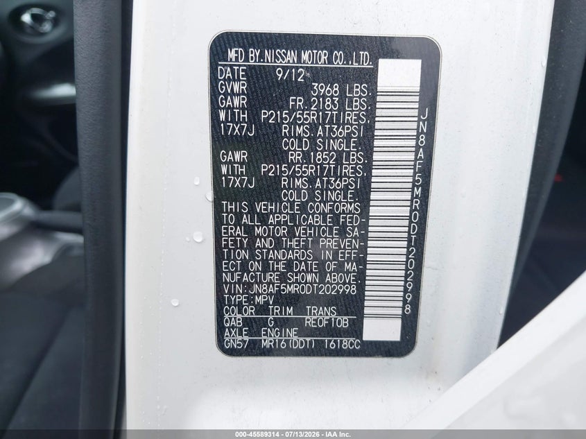 2013 Nissan Juke Sv VIN: JN8AF5MR0DT202998 Lot: 45589314