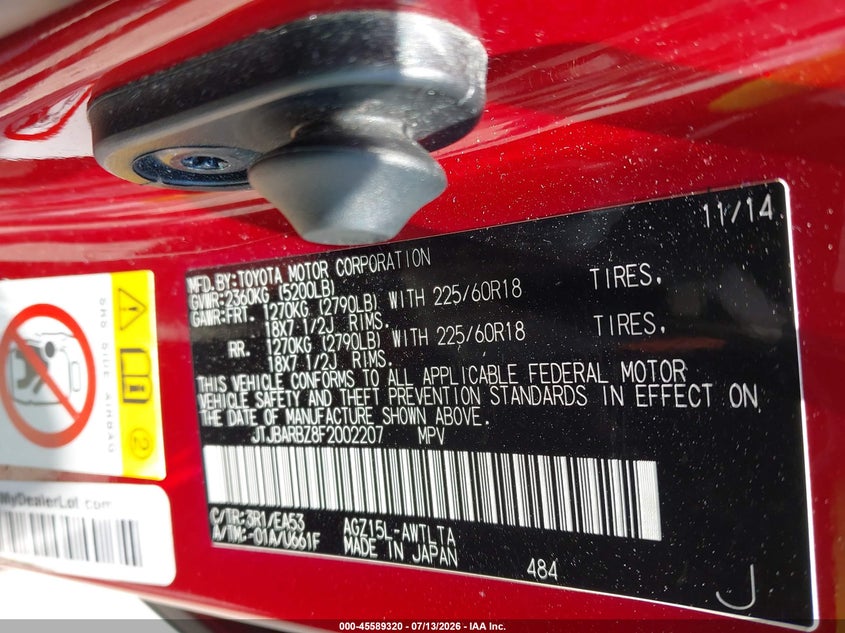 2015 Lexus Nx 200T VIN: JTJBARBZ8F2002207 Lot: 45589320