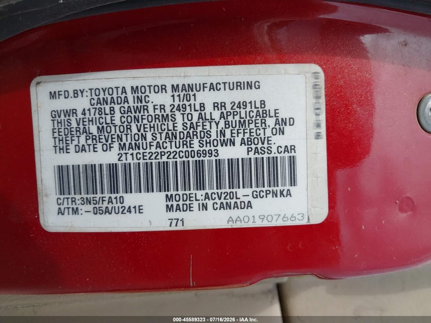 2001 Toyota Camry Solara Sle V6 VIN: 2T1CF22P01C458288 Lot: 45589323
