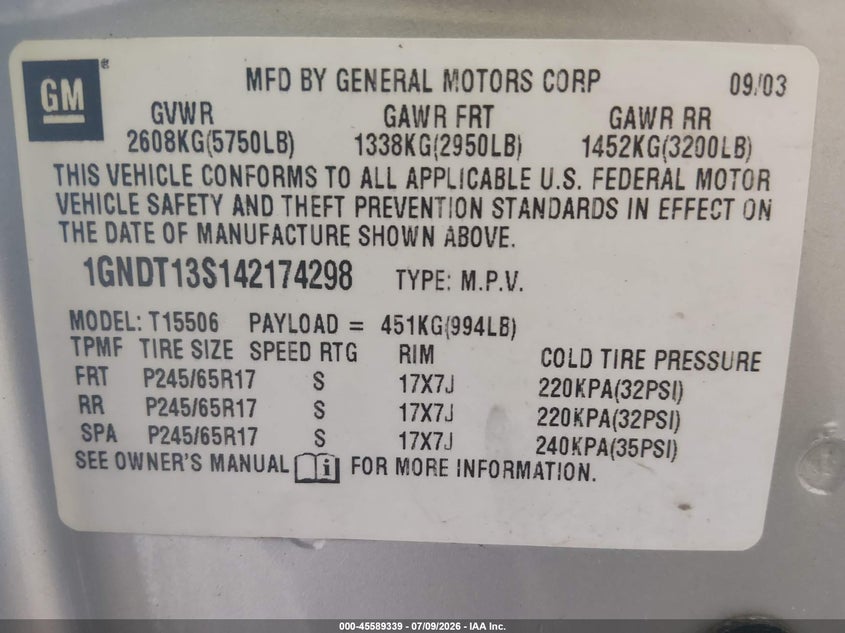 CHEVROLET TRAILBLAZER 2004 VIN 1GNDT13S142174298
