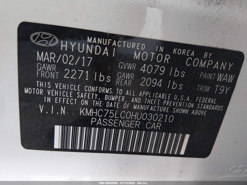 2017 Hyundai Ioniq Hybrid Sel VIN: KMHC75LC0HU030210 Lot: 45589360