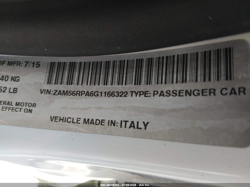 2016 Maserati Quattroporte S VIN: ZAM56RPA6G1166322 Lot: 45589362
