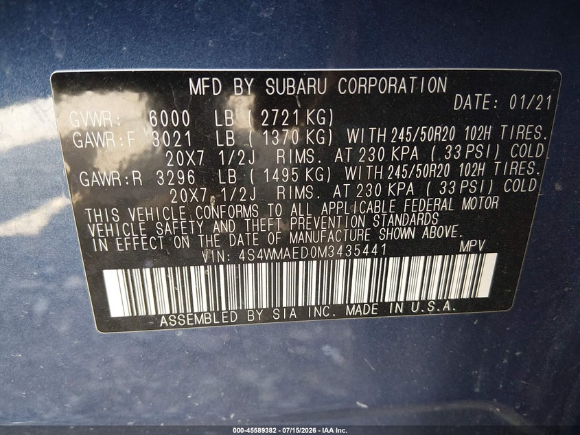 2021 Subaru Ascent Premium VIN: 4S4WMAED0M3435441 Lot: 45589382