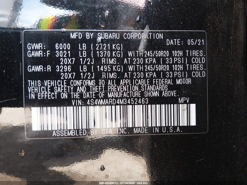 2021 Subaru Ascent Touring VIN: 4S4WMARD4M3452463 Lot: 45589413