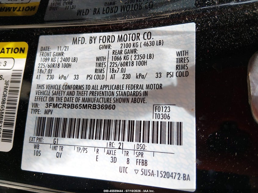 2021 Ford Bronco Sport Big Bend VIN: 3FMCR9B65MRB36960 Lot: 45589444