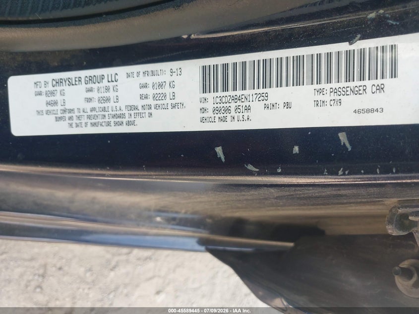 2014 Dodge Avenger Se VIN: 1C3CDZAB4EN117259 Lot: 45589445