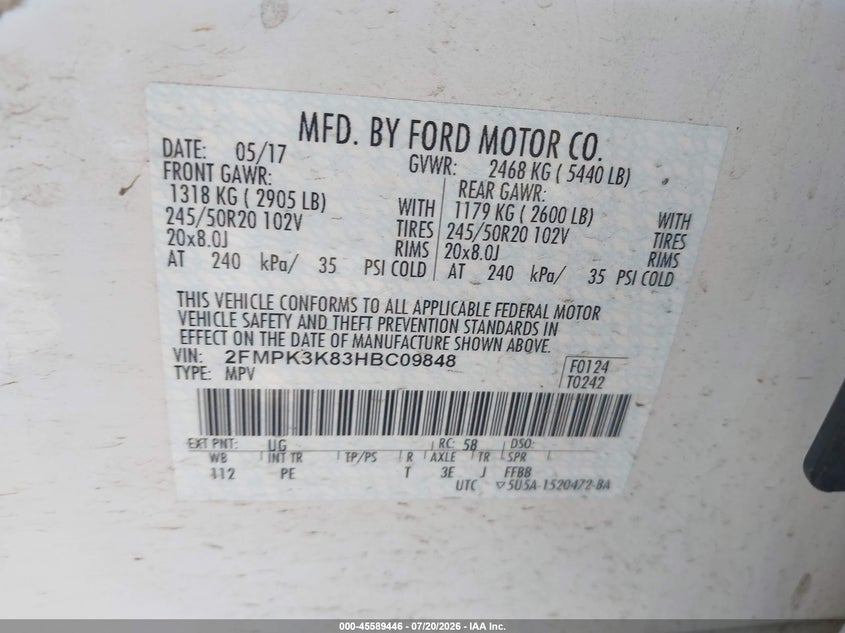 2017 Ford Edge Titanium VIN: 2FMPK3K83HBC09848 Lot: 45589446