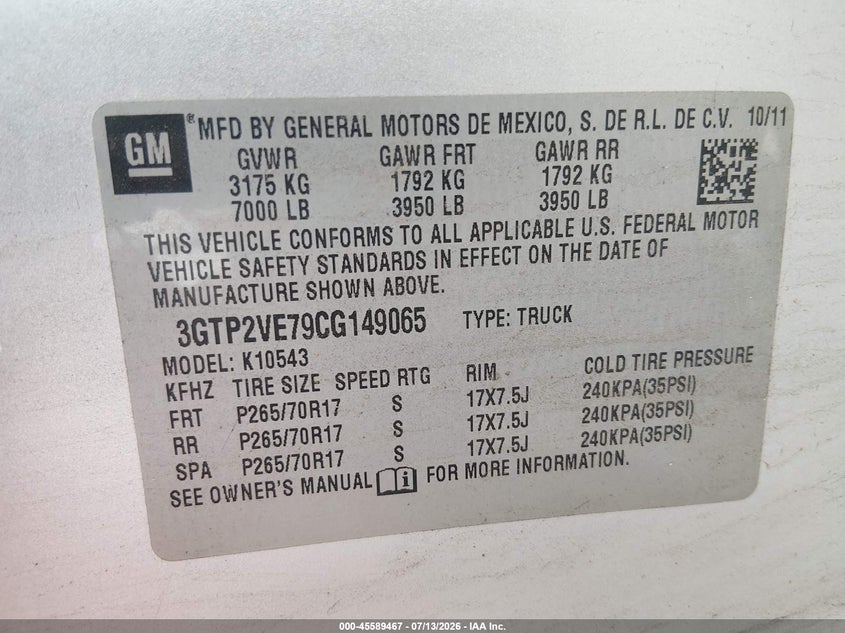 2012 GMC Sierra 1500 Sle VIN: 3GTP2VE79CG149065 Lot: 45589467