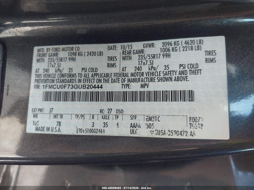 2016 Ford Escape S VIN: 1FMCU0F73GUB20444 Lot: 45589485