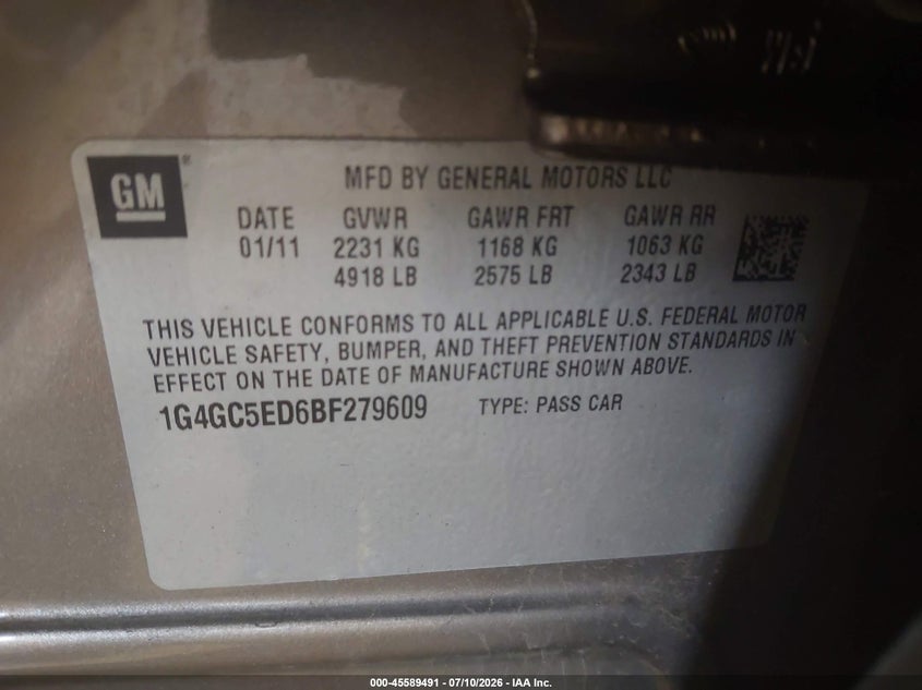 2011 Buick Lacrosse Cxl VIN: 1G4GC5ED6BF279609 Lot: 45589491
