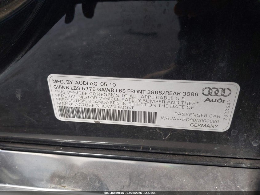 2011 Audi A8 4.2 VIN: WAUAVAFD9BN000880 Lot: 45589495