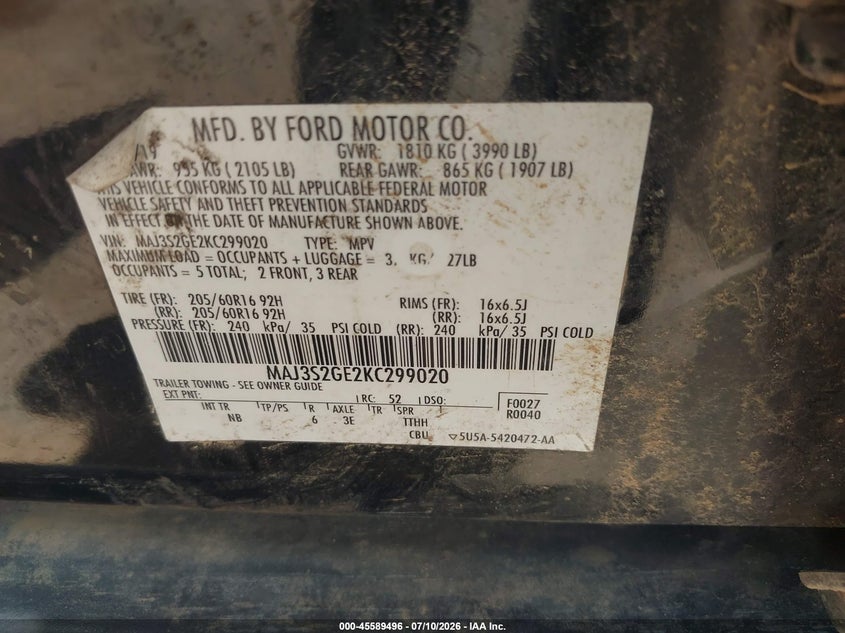 2019 Ford Ecosport Se VIN: MAJ3S2GE2KC299020 Lot: 45589496