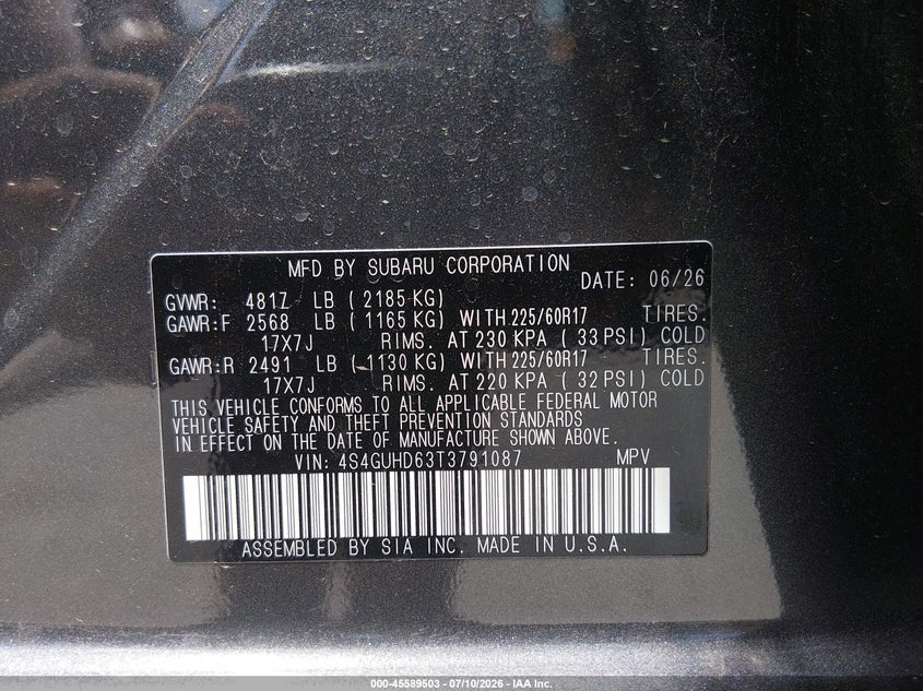 SUBARU CROSSTREK 2026 VIN 4S4GUHD63T3791087