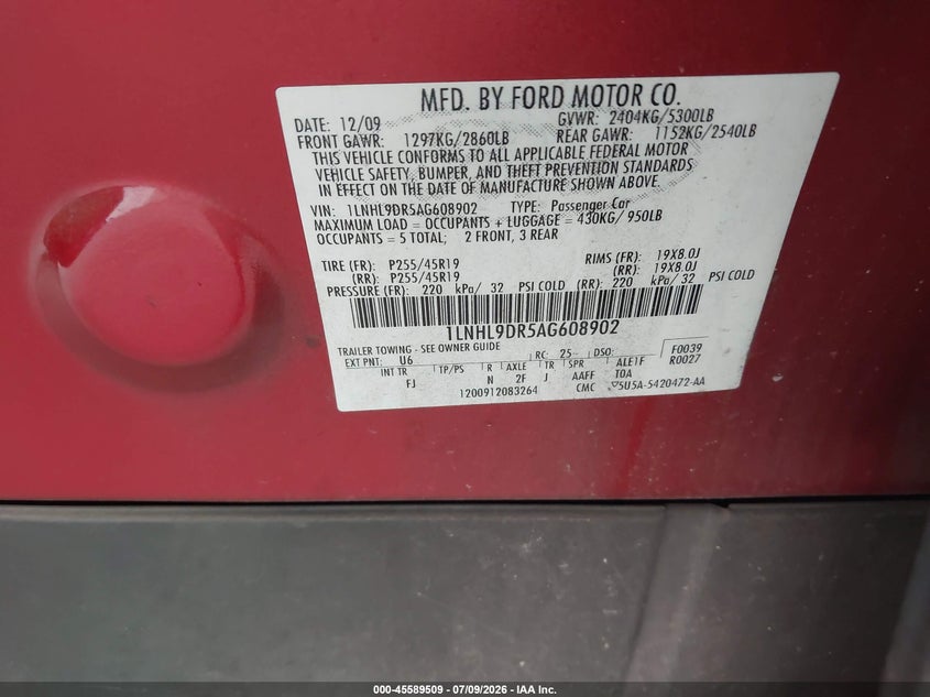 2010 Lincoln Mks VIN: 1LNHL9DR5AG608902 Lot: 45589509