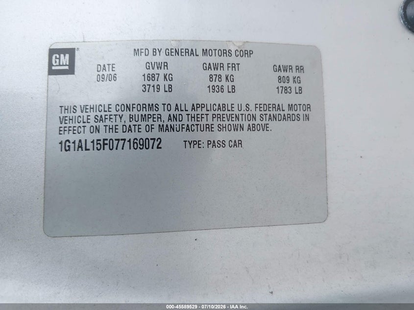 2007 Chevrolet Cobalt Lt VIN: 1G1AL15F077169072 Lot: 45589529