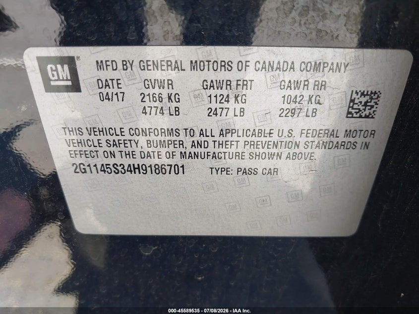 2017 Chevrolet Impala 2Lz VIN: 2G1145S34H9186701 Lot: 45589535