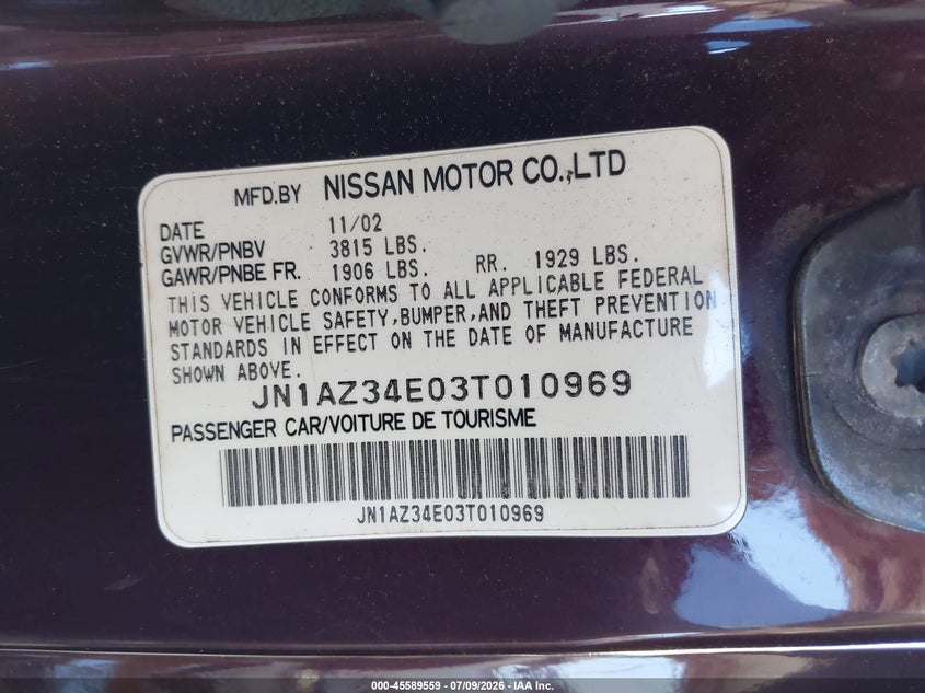 2003 Nissan 350Z VIN: JN1AZ34E03T010969 Lot: 45589559