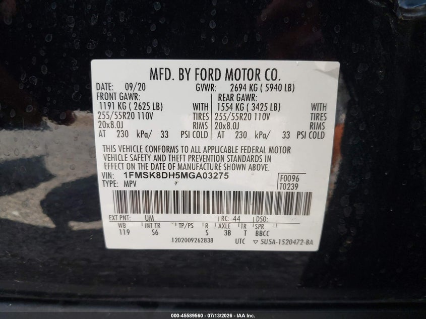 2021 Ford Explorer Xlt VIN: 1FMSK8DH5MGA03275 Lot: 45589560