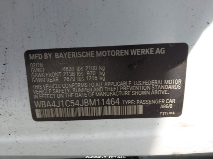 2018 BMW 430I Gran Coupe VIN: WBA4J1C54JBM11464 Lot: 45589613