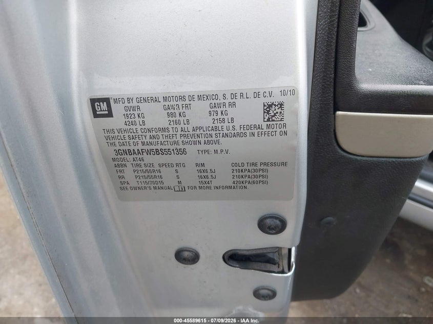 2011 Chevrolet Hhr Ls VIN: 3GNBAAFW5BS551356 Lot: 45589615