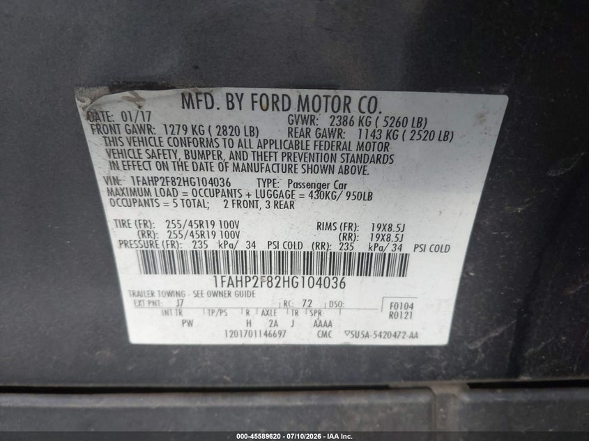 FORD TAURUS 2017 VIN 1FAHP2F82HG104036