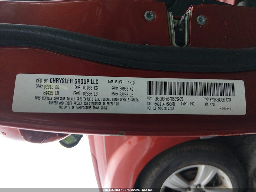 2010 Dodge Caliber Mainstreet VIN: 1B3CB3HA8AD569065 Lot: 45589647