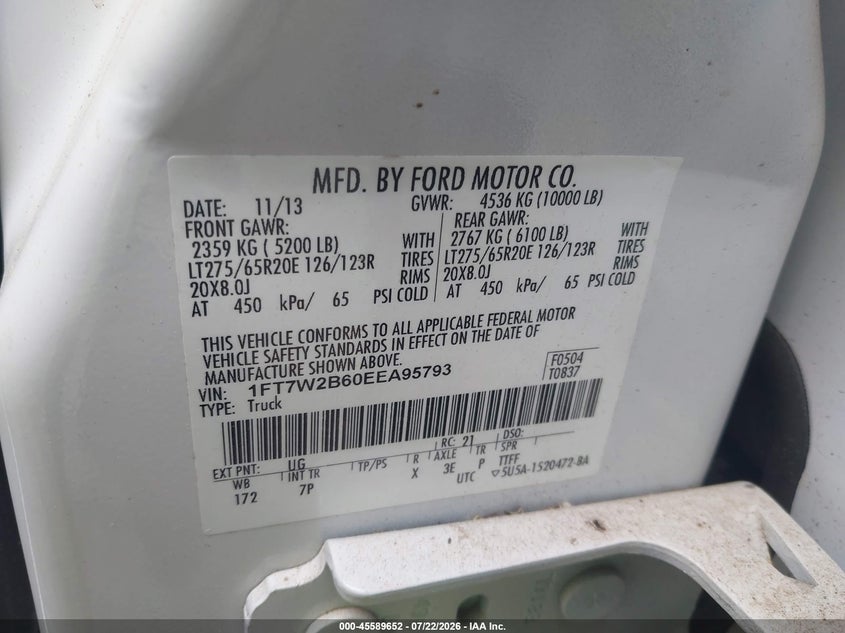 FORD F-250 2014 VIN 1FT7W2B60EEA95793