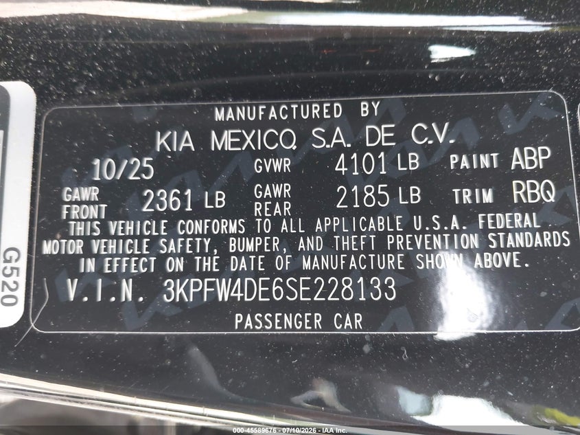 2025 Kia K4 Gt-Line VIN: 3KPFW4DE6SE228133 Lot: 45589676