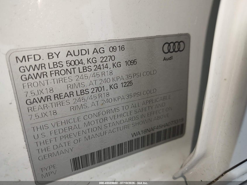2017 Audi Allroad Premium Plus VIN: WA18NAF45HA073319 Lot: 45589680