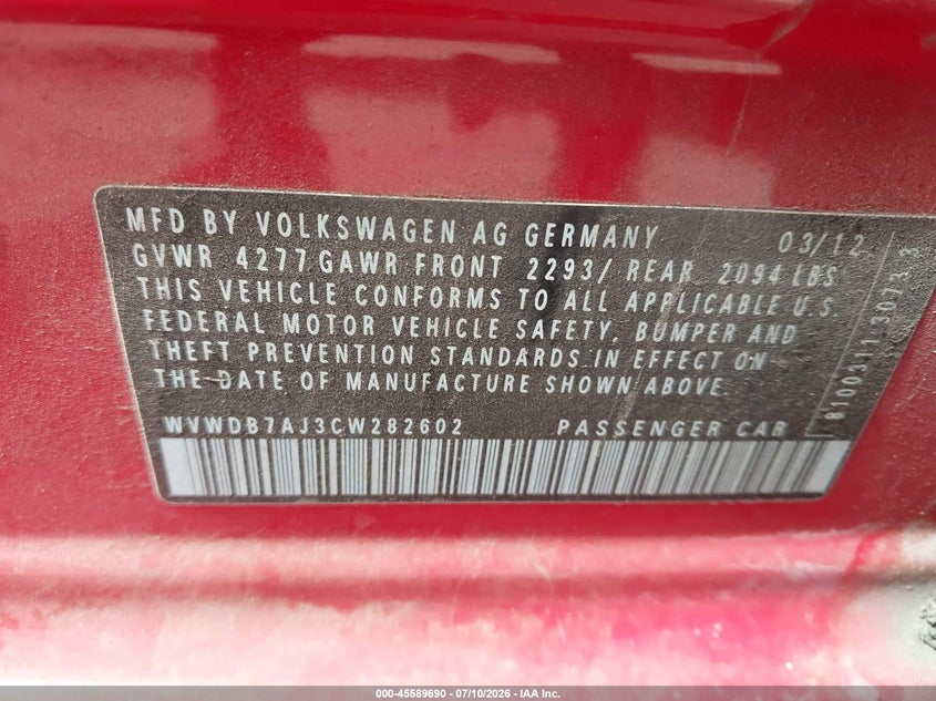 2012 Volkswagen Golf 2.5L 4-Door VIN: WVWDB7AJ3CW282602 Lot: 45589690