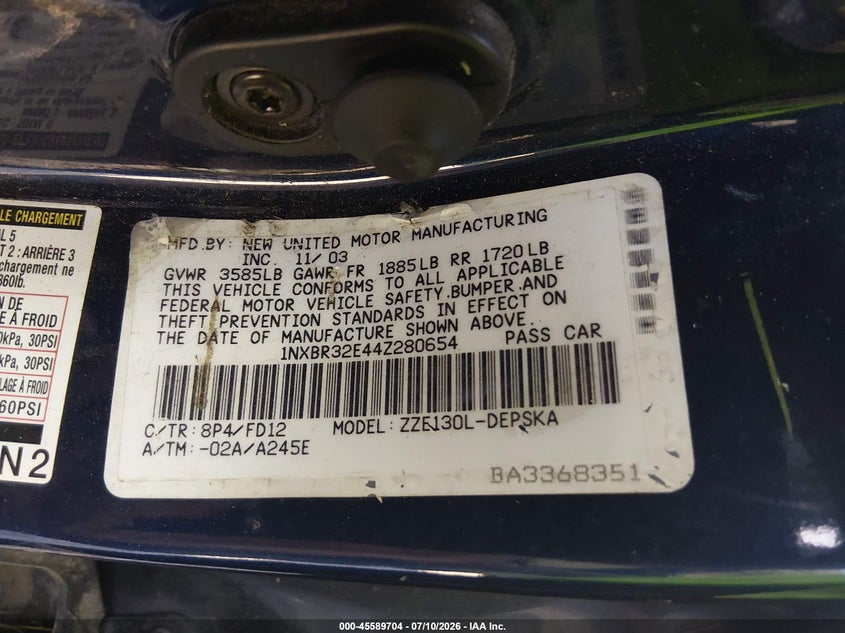 TOYOTA COROLLA 2004 VIN 1NXBR32E44Z280654
